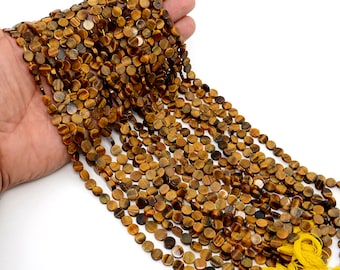 100% Natural Tiger's Eye Beads Strand, 13 Inch, Coin Beads, Gemstone Beads, Glitter Smooth Beads Loose Beads, Gemstone Jewelry Wholesale Lot