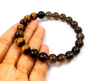 Smoky Quartz & Tiger's Eye Bracelet, 100% Natural Gemstone Bracelet, 8mm Beads Bracelet, Crown Chakra Dream, Gemstone Jewelry Wholesale Lot