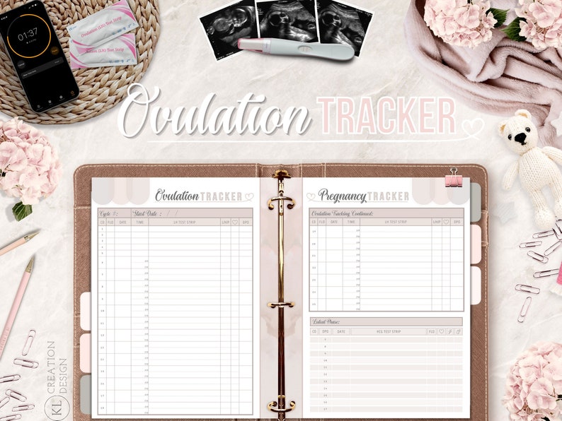 Peut inclure: Un classeur marron avec deux pages, l'une intitul&eacute;e "Ovulation Tracker" et l'autre "Pregnancy Tracker". Les pages sont remplies de tableaux et de graphiques pour suivre l'ovulation et la grossesse.