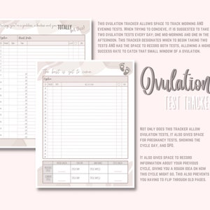 May include: A printable ovulation test tracker with a pink and white color scheme. The tracker includes sections for recording test results, cycle length, and other relevant information. The text "Ovulation Test Tracker" is written in a large, decorative font.