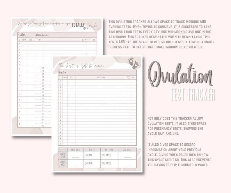 May include: A printable ovulation test tracker with a pink and white color scheme. The tracker includes sections for recording test results, cycle length, and other relevant information. The text "Ovulation Test Tracker" is written in a large, decorative font.