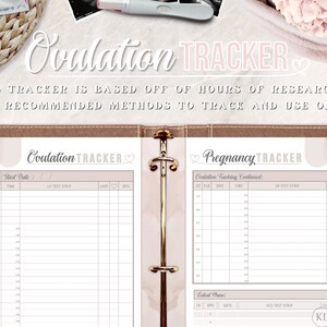 Peut inclure: Un planificateur imprimable avec deux pages, l'une pour le suivi de l'ovulation et l'autre pour le suivi de la grossesse. Les pages sont con&ccedil;ues avec un sch&eacute;ma de couleurs rose et beige et comportent le texte "Ovulation Tracker" et "Pregnancy Tracker".