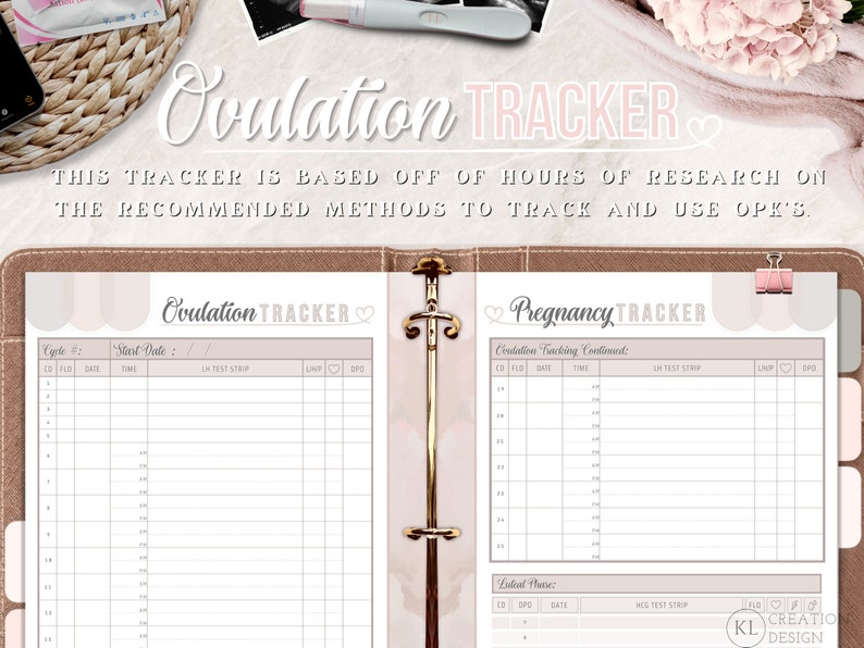Peut inclure: Un planificateur imprimable avec deux pages, l'une pour le suivi de l'ovulation et l'autre pour le suivi de la grossesse. Les pages sont con&ccedil;ues avec un sch&eacute;ma de couleurs rose et beige et comportent le texte "Ovulation Tracker" et "Pregnancy Tracker".