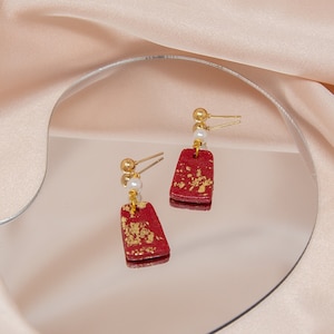 Red & Gold 18K Pearl Rectangle Clay Earrings| Dainty Minimalist Asian Kawaii Cool Dangle Stud Cute Jewelry Valentines Chinese Lunar New Year