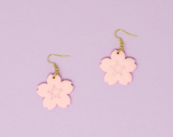 Cute Pink & Gold Sakura Clay Earrings | Asian Genshin Dangle Jewelry Japanese Anime Cherry Blossom Flower Kawaii | Chinese Lunar New Year