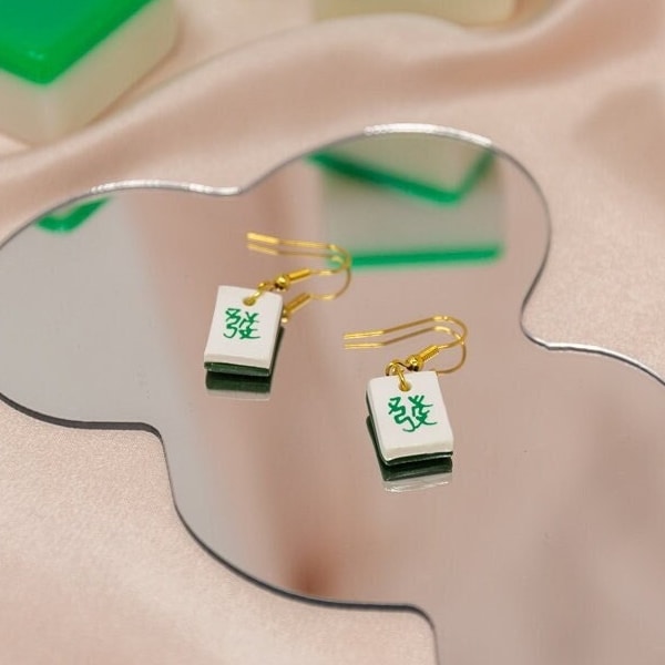 Green & White Mahjong Set Tile Gold Clay Earrings | Dainty Asian Kawaii Dangle Cute "Fa Cai" Fortune Jewelry Chinese Game Lunar New Year