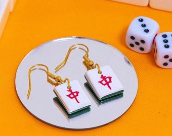 Red Dragon Mahjong Fliesen Goldton Ohrringe | Zhonig asiatische Kawaii baumeln niedlichen Schmuck chinesischen handgemachten Lunar New Year Geschenke