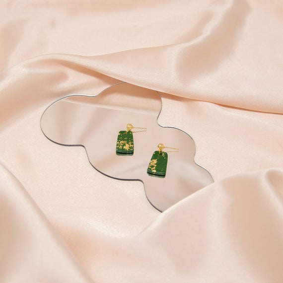 Green & Gold Luck Handmade Clay Earrings | Dainty Minimalist Asian Kawaii Cool Dangle Stud Cute Jewelry | Valentines Chinese Lunar New Year