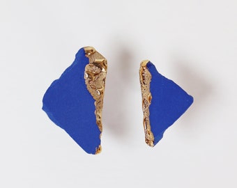 Handmade Porcelain Earrings, Cobalt Blue Ceramic Jewelry with Gold Detail