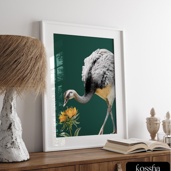 Ostrich, Exotic Bird With Yellow Flower Poster, Emerald Green Decor, Printable Wall Art