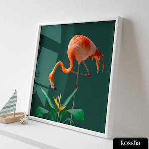 Flamingo & Birds Of Paradise, Emerald Green Wall Decor, Printable Wall Art