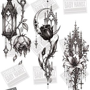 Pode incluir: Ilustrações góticas em preto e branco. Apresentam uma lanterna, uma rosa com uma lua crescente e um lírio com um arco gótico. Inclui o texto "STRAIGHT OUTTA BABY HANDZ".