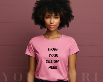 Black girl mockup wearing pink tshirt | shirt template for shirt business
