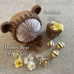 Hand-Crocheted Bear Bonnet and Honey Pot Prop Set, Newborn Photography, Bumble Bee and Flower