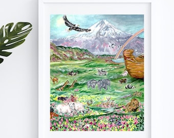 Noah's Ark, Nursery Art, Religious Artwork, Christian Art, Baby Decor