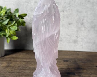 Rose Quartz Virgin Mary Carving | Large Mother Mary Crystal Statue | Love & Compassion Stone | Spiritual Altar Decor | Catholic Gift