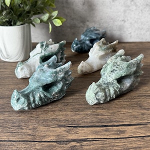 Mystical Moss Agate Dragon Head | Hand-Carved Crystal | Spiritual Protection & Grounding