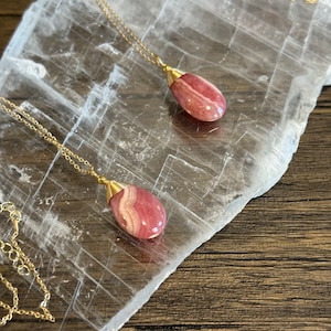 Rhodochrosite w/ Gold Colored Wire Pendant Necklace - Harness Serenity and Love