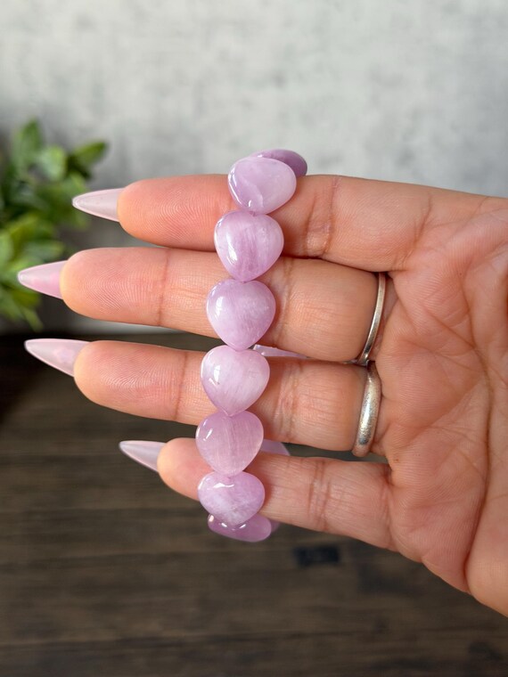 Natural Kunzite Heart Bracelet, 14mm Love Chakra Crystal Healing Jewelry, 7inches