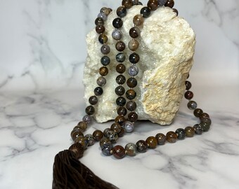 Collar mala de pietersita con borla de seda hecha a mano, 108 cuentas