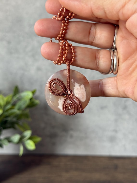 Flower Agate Donut Necklace Wrapped in Copper Wire Wrapped