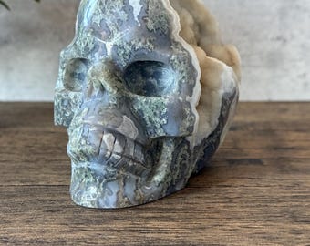 Encantadora calavera de ágata musgosa con drusa de azúcar / Talla de cristal única para curación y decoración