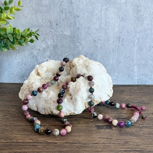 Colorful Watermelon Tourmaline Neckalce made w/ 76 8mm beads knotted w/Nylon thread for strength/durability. 2 beads at end of pull closure