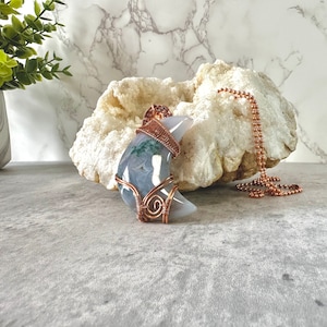 Moss Agate Moon pendant wrapped in copper Moss agate pendant with druzy