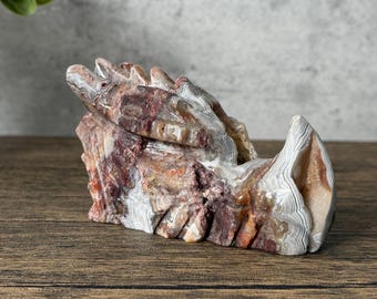 Mexican Crazy Lace Agate Dragon Head Carving: Joy, Courage, Protection (5 inches)