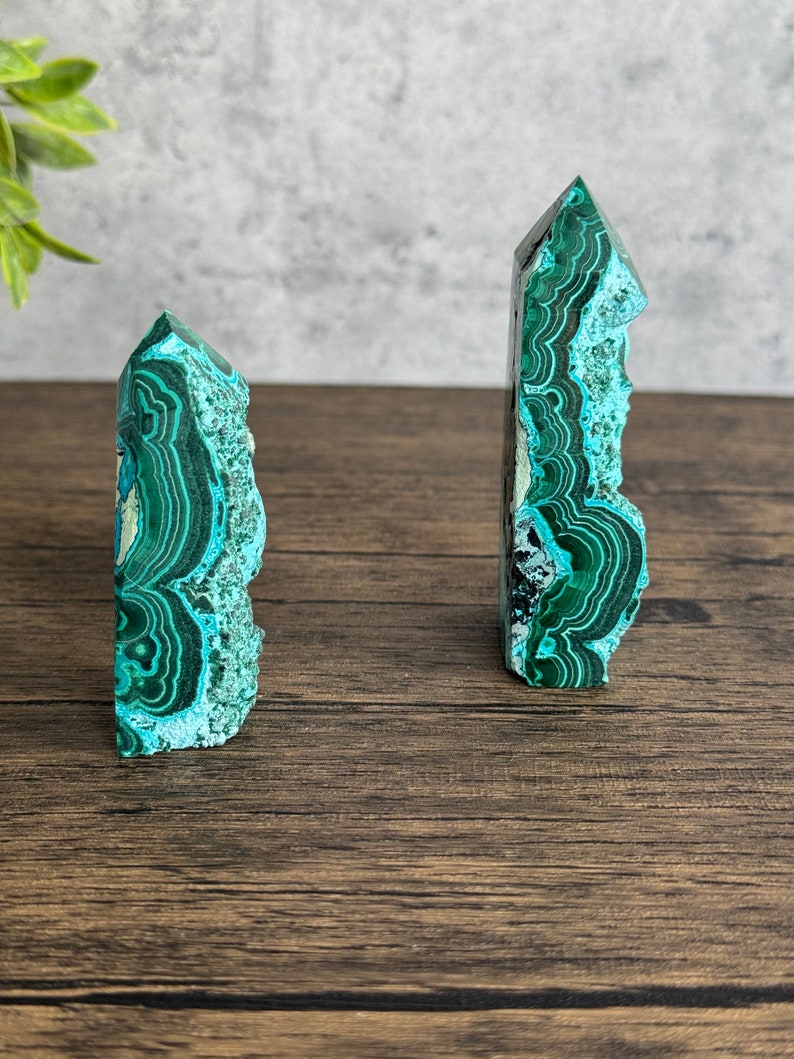 Puede incluir: Dos puntas de cristal de malaquita verde, una m&aacute;s grande que la otra, sobre una superficie de madera marr&oacute;n. Los cristales tienen un patr&oacute;n de bandas verdes y azules.