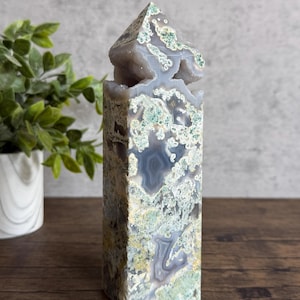 Druzy Moss Agate Tower with Natural Druzy Cavity | Moss Agate Crystal Point | Collector Display | Crystal Home Décor | Meditation Stone