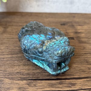 May include: A carved labradorite snake head sculpture. The sculpture features detailed scales and a mouth slightly open. The stone has a mix of gray, blue, and teal colors, with iridescent flashes. The sculpture is displayed on a wooden surface.