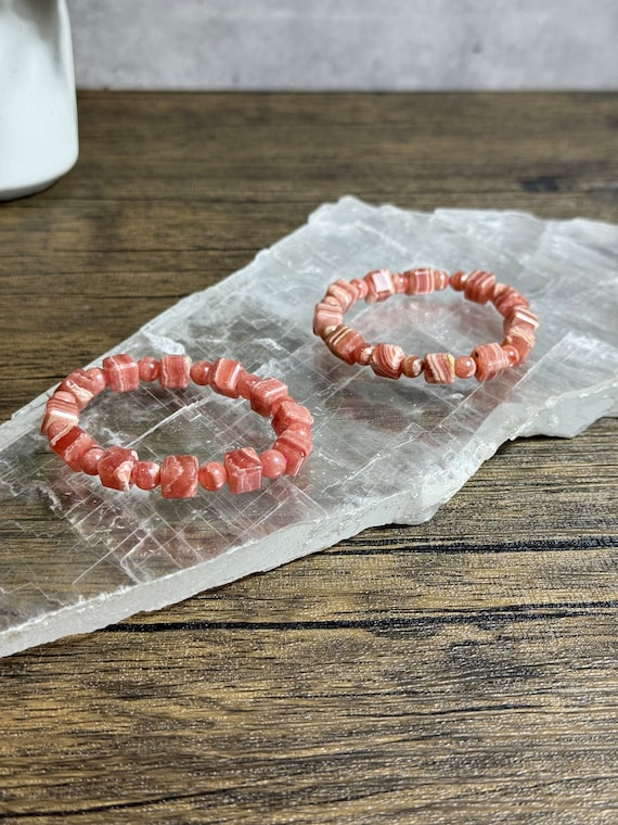 Rhodochrosite Square and Round Bead Bracelets - Soothing Pink Elegance