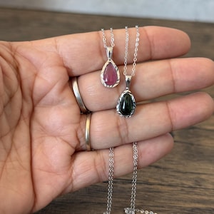 Pink & Green Tourmaline Sterling Silver Necklaces – Teardrop Gemstone Pendants on Dainty Chain