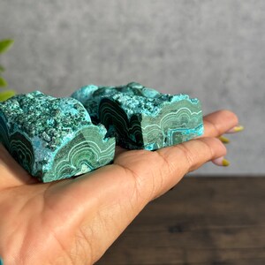 Puede incluir: Dos piezas de malaquita verde con un patr&oacute;n de bandas. La malaquita es una piedra natural con una superficie lisa y pulida.