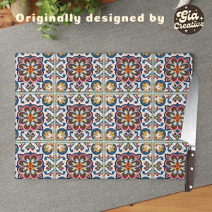 Glass Cutting Board, Mediterranean Aesthetic, Ceramic Morocan Artistic Gift for Housewarming,Kitchen Decor,Mexican tile,Spanish tile pattern