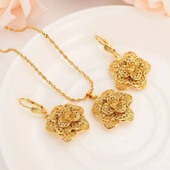 Women's Dubai Gold Jewellery Set Flower 24K Gold Plated Necklace Sets