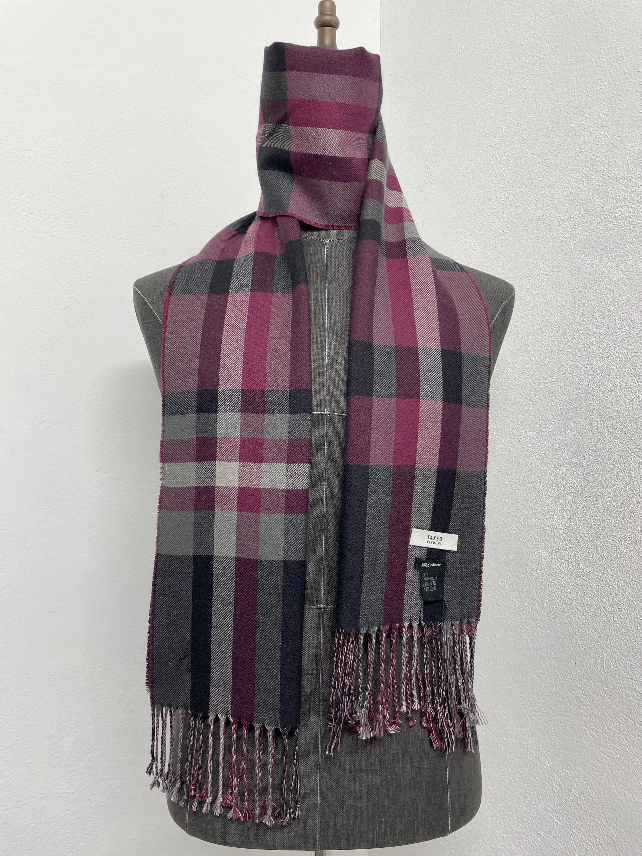 Vintage Takeo Kikuchi Scarf Silk Cashmere: Gray Plaid Muffler (65