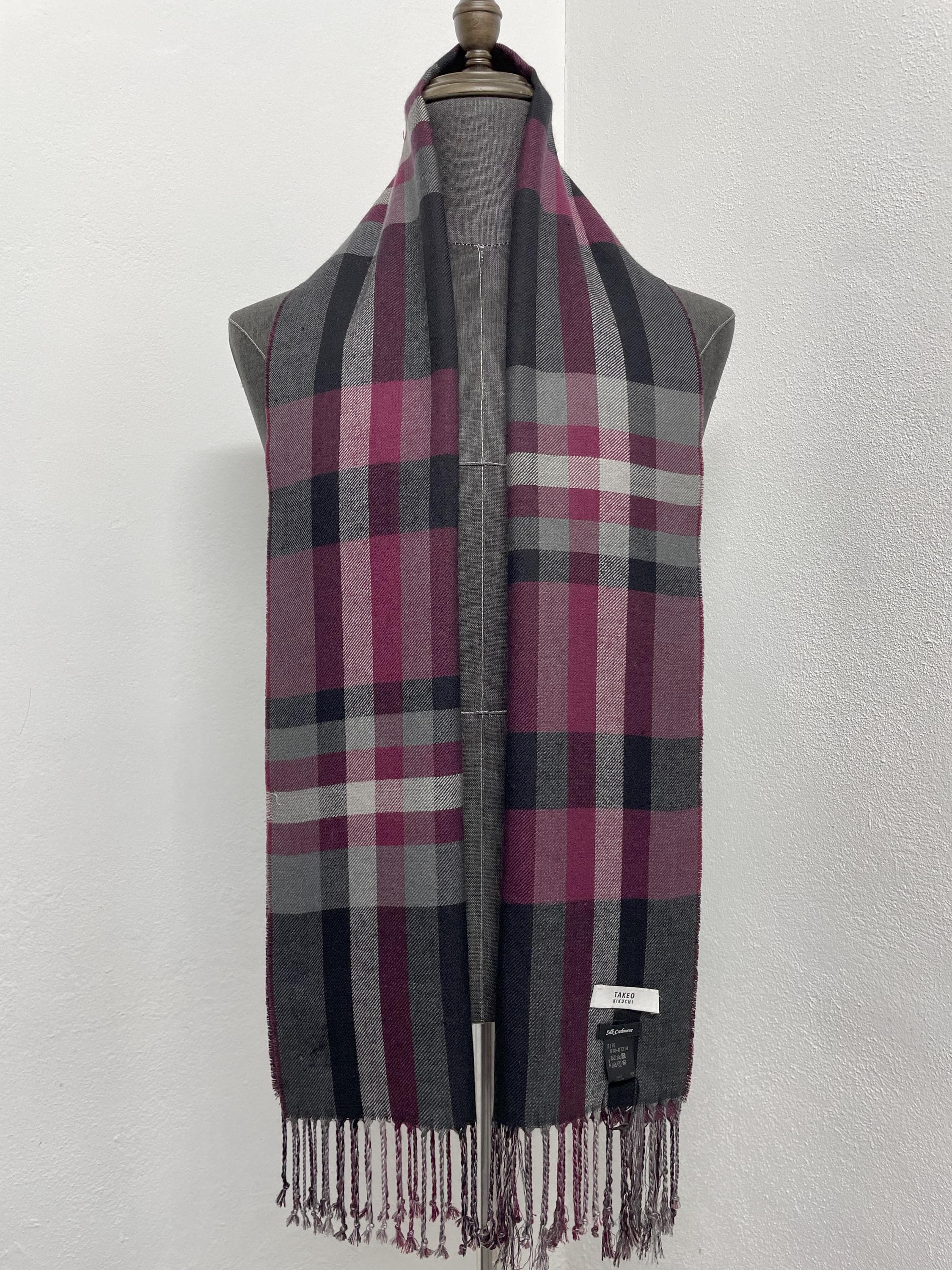 小物 00s TAKEO KIKUCHI border long scarf y2k Vintage Takeo Kikuchi Scarf Silk Cashmere: Gray Plaid Muffler (65