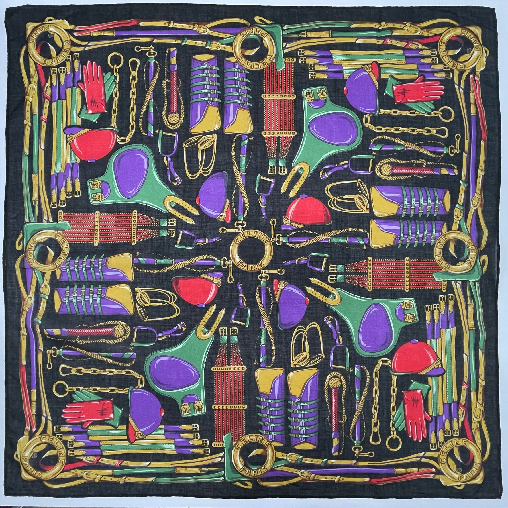 Vintage Celine Head Scarf: Equestrian Print Bandana (22.5 
