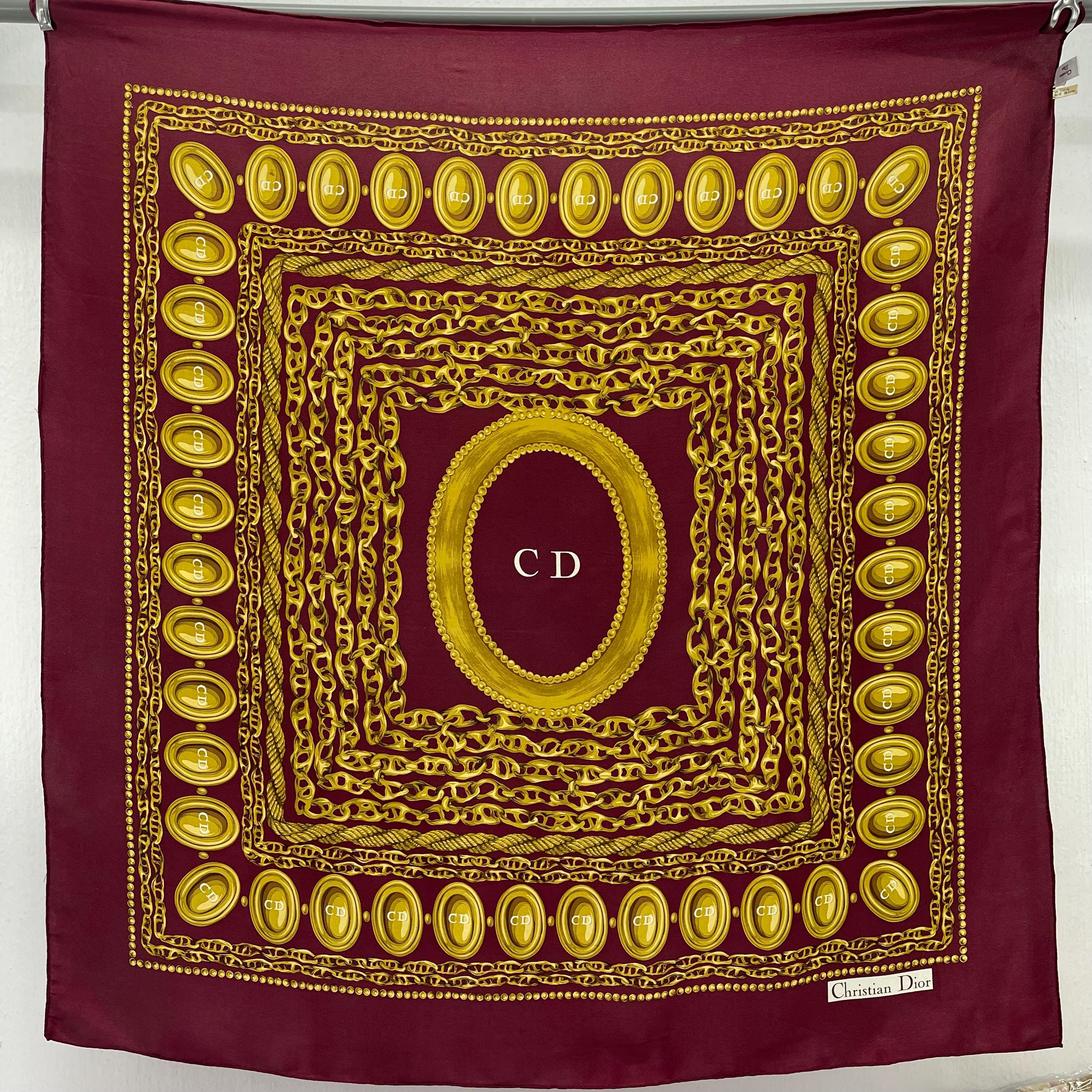 Vintage Christian Dior Silk Scarf CD Logo Chain Medallion Pattern