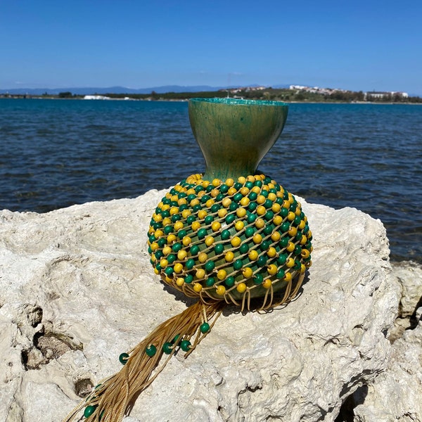 Green Yellow Beaded Gourd rattle,Big Musical Shaker African Instrument ,Latin Percussion,Xeqere Abe lnstrument,Gift for Dad