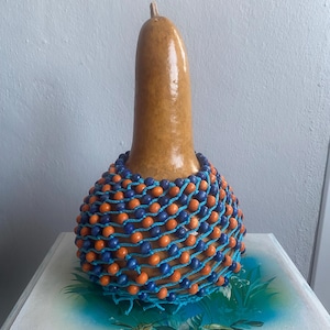 Blue Beaded Gourd rattle,Big Musical Shaker African Instrument ,Latin Percussion,Xeqere Abe lnstrument,Gift for Dad