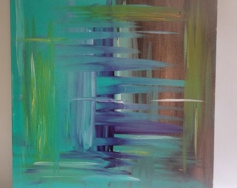 May include: Abstract painting on canvas with a teal, green, purple, and brown color scheme. The painting features horizontal brushstrokes in a layered pattern.