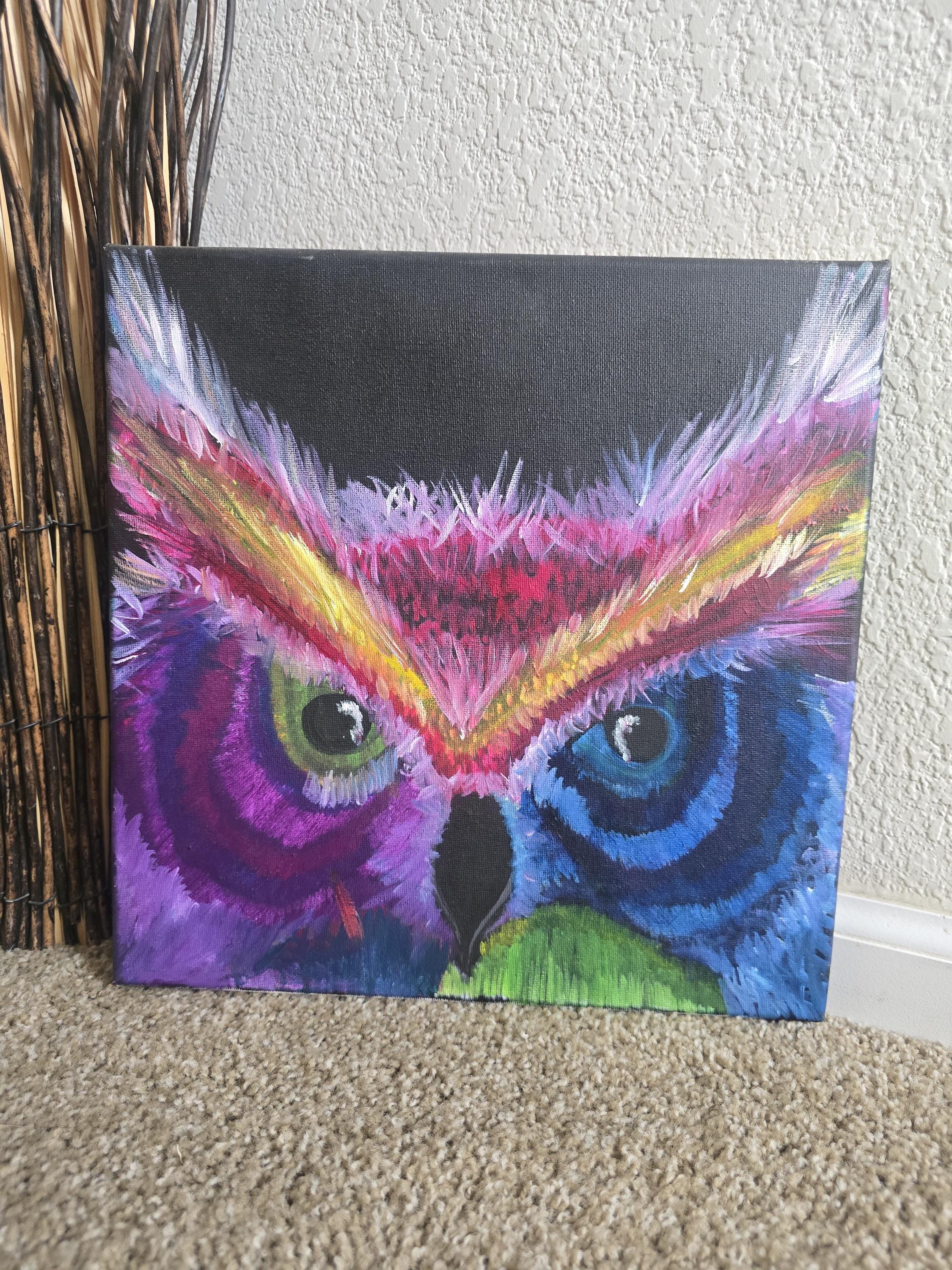 Abstract owl acrylic owl painting on canvas small wall decor colorful art