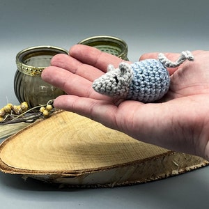 May include: A small crocheted mouse toy in gray and light blue with a curled tail. The mouse is sitting in the palm of a hand.