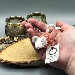 May include: A crocheted pink and white mouse keychain with a silver chain. The keychain is held in a hand with a white tag that says "Lisa's Bunnies World".