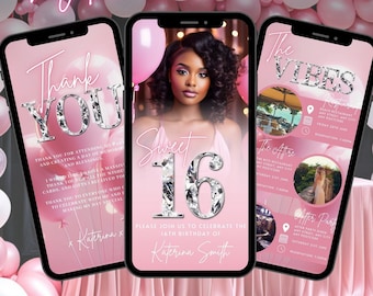 Digital Sweet 16th Birthday Invitation, Animated Sweet Sixteen Party Invite, Blush Pink Teen Evite, Editable Itinerary & Thank You eCard