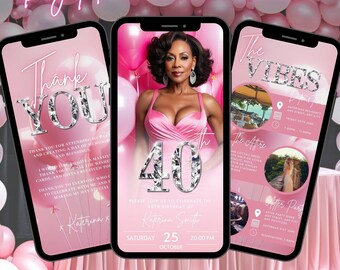 Digital 40th Birthday Invitation, Animated 40 Party Brunch Invite, Blush Pink Dinner Evite For Women, Editable Itinerary & Thank You eCard
