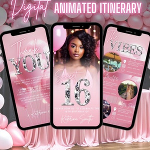 Faire-part numérique pour les 16 ans, invitation à une fête animée Sweet Sixteen, Evite pour ados rose poudré, itinéraire modifiable et carte virtuelle de remerciement